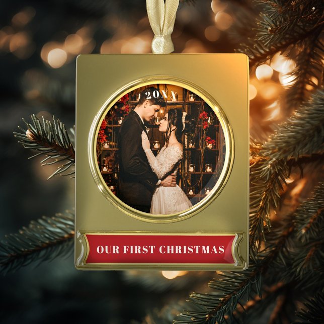 Unser erstes Weihnachts-Foto Banner-Ornament Gold (Von Creator hochgeladen)