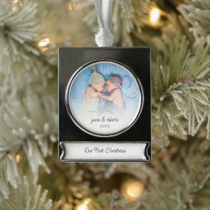 Unser erstes Weihnachts-Foto Overlay Twin Names Ye Banner-Ornament Silber