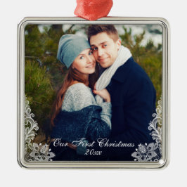 Unser erstes Weihnachts-Foto-Trimm Silbernes Ornament