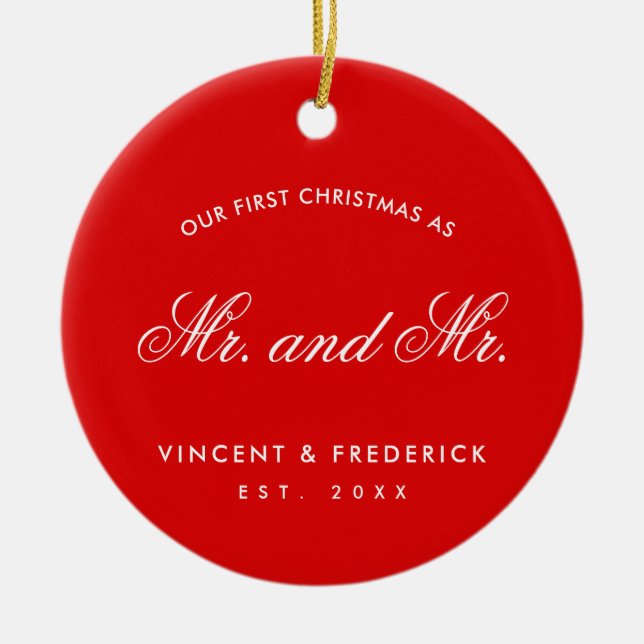 Unser erstes Weihnachts-Gay-Foto Red Keramik Ornament (Vorne)