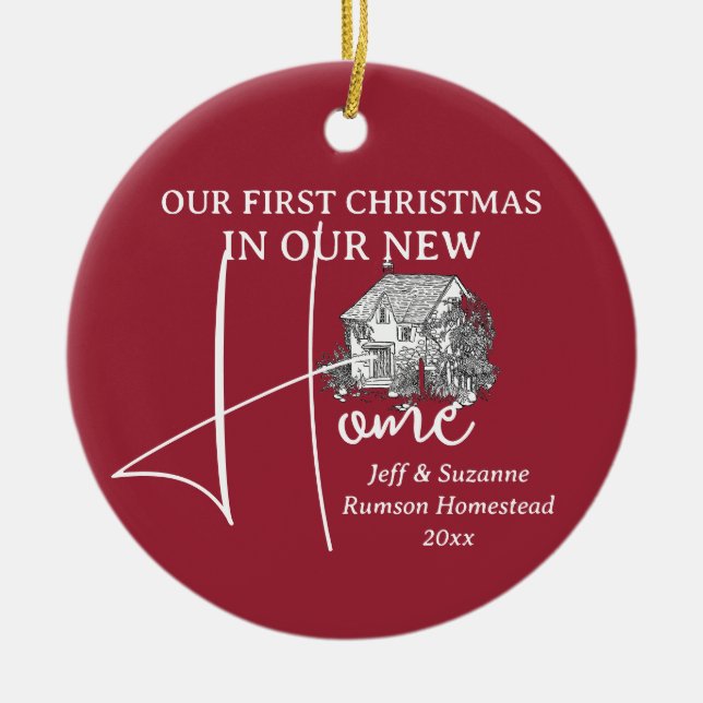 Unser erstes Weihnachts-New-Zuhause-Hütte-FOTO Keramik Ornament (Vorne)