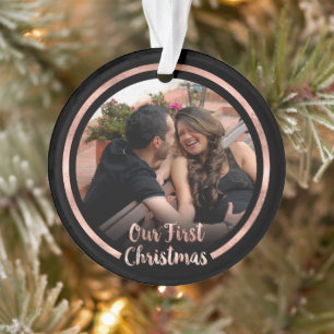 Unser erstes Weihnachts-Rose-Gold-Script-Foto Ornament