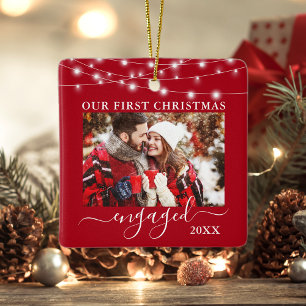 Unser erstes Weihnachts-Verlobt Lights-Foto Rot Keramikornament