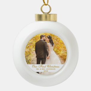 Unser erstes Weihnachtsaufenthalt-Foto Gold-Script Keramik Kugel-Ornament