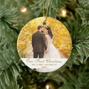 Unser erstes Weihnachtsaufenthalt-Foto Gold-Script Keramik Ornament