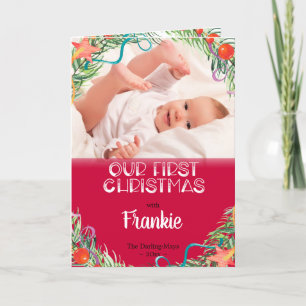 Unser erstes Weihnachtsbaby Foto & Name Rot Weiß Feiertagskarte