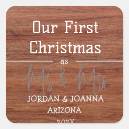 Unser erstes Weihnachtsbaumholz von Mr. und Mrs. Quadratischer Aufkleber