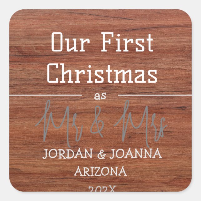Unser erstes Weihnachtsbaumholz von Mr. und Mrs. Quadratischer Aufkleber (Vorderseite)