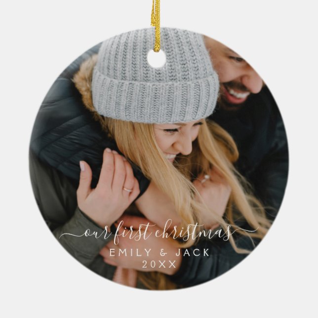 Unser erstes Weihnachtshandbrief-Foto Keramik Ornament (Hinten)