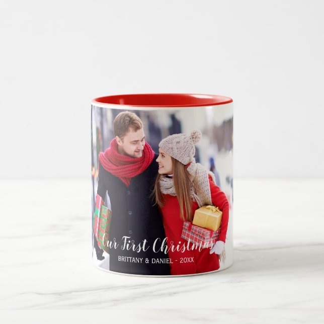 Unser erstes Weihnachtskuppel Foto Red White Zweifarbige Tasse (Mittel)