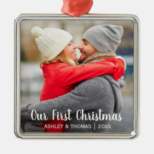 Unser erstes Weihnachtspaar-Foto-modernes Quadrat Silbernes Ornament
