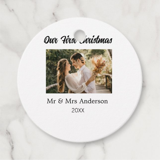 Unser erstes Weihnachtspaar Foto Name Mr. & Mrs. M Geschenkanhänger (Vorderseite)