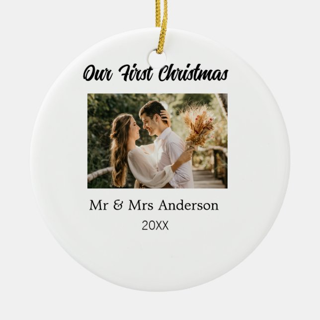 Unser erstes Weihnachtspaar Foto Name Mr. & Mrs. M Keramik Ornament (Vorne)