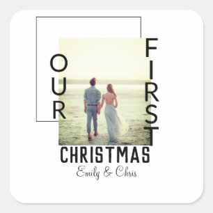 Unser erstes Weihnachtspaar Name Foto minimal Quadratischer Aufkleber