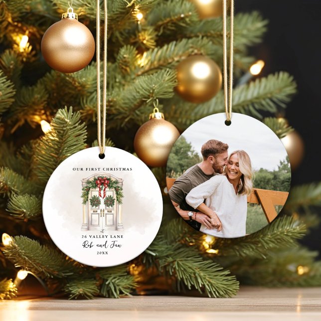 Unser erstes weiße Weihnachtsschloss-Foto Keramik Ornament (Create your own personalized ornament for your First Christmas together as a couple!)