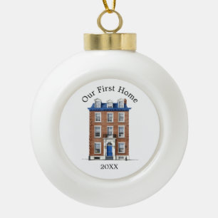 Unser erstes Zuhause Colonial Brick Townhouse Blue Keramik Kugel-Ornament