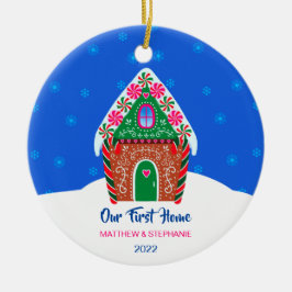 Unser erstes Zuhause Gingerbread House Elegant Blu Keramik Ornament