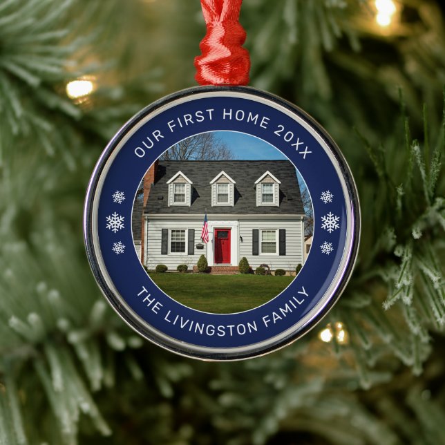 Unser erstes Zuhause Navy Personalisiert Foto Ornament Aus Metall (Baum)