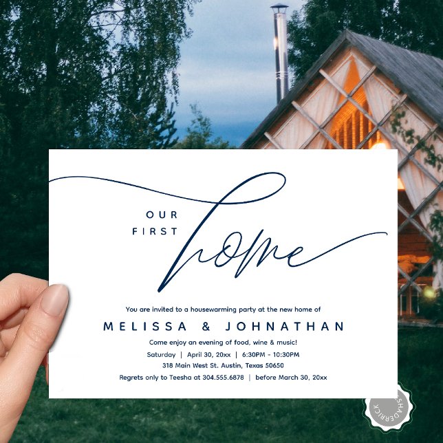 Unser erstes Zuhause-Party mit gemütlichem, liebev Einladung (Our First Home, Cozy Lovely Housewarming Party Invitation Card, PDF, Lovely Cozy Romantic Navy Blue)