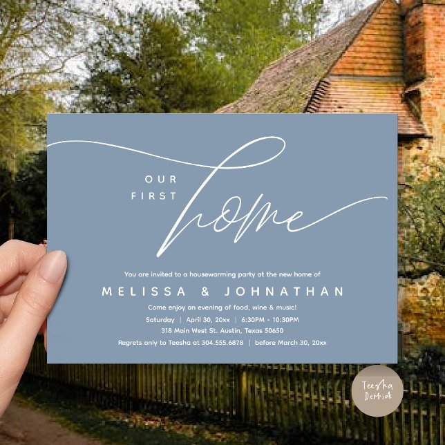 Unser erstes Zuhause-Party mit gemütlichem, liebev Einladung (Our First Home, Cozy Lovely Housewarming Party Invitation Card, PDF, Lovely Cozy Romantic Dusty Blue)