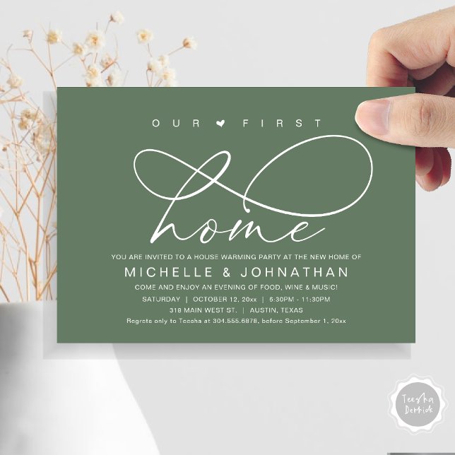 Unser erstes Zuhause-Party, Modernes Housewarming Einladung (Our First Home, New Housewarming Party Invitation Card, PDF, Modern Romantic Script, Sage Green)