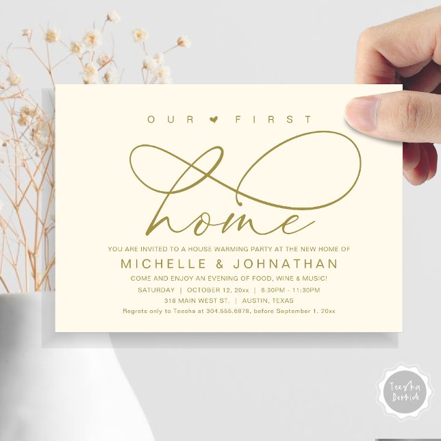 Unser erstes Zuhause-Party, Modernes Housewarming Einladung (Our First Home, New Housewarming Party Invitation Card, PDF, Modern Romantic Script, Classy Gold)