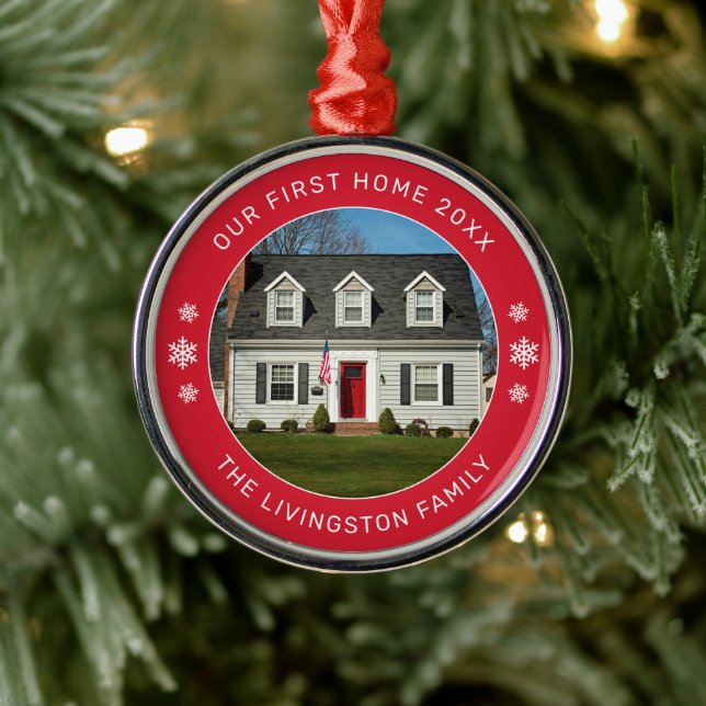 Unser erstes Zuhause Red Personalisiert Foto Ornament Aus Metall (Baum)
