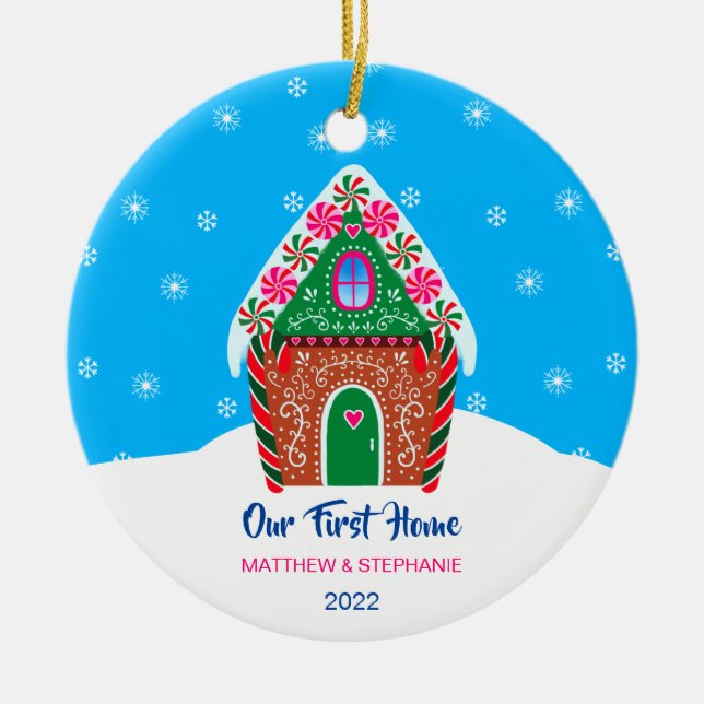 Unser erstes Zuhause Weihnachts-Gingerbrothaus Blu Keramik Ornament (Vorne)