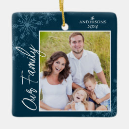 Unser Familienhandwriting-Foto Blue Christmas Keramikornament