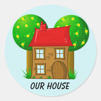 Unser Haus Cartoon House und Bäume Runder Aufkleber