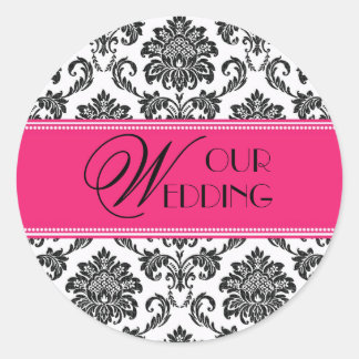 Unser Hochzeitsticker Fuchsia Orange Damask Runder Aufkleber