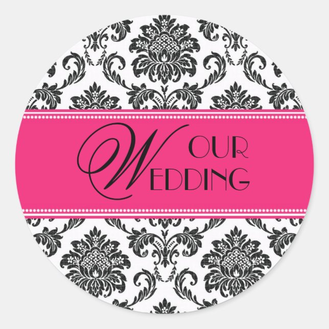 Unser Hochzeitsticker Fuchsia Orange Damask Runder Aufkleber (Vorderseite)