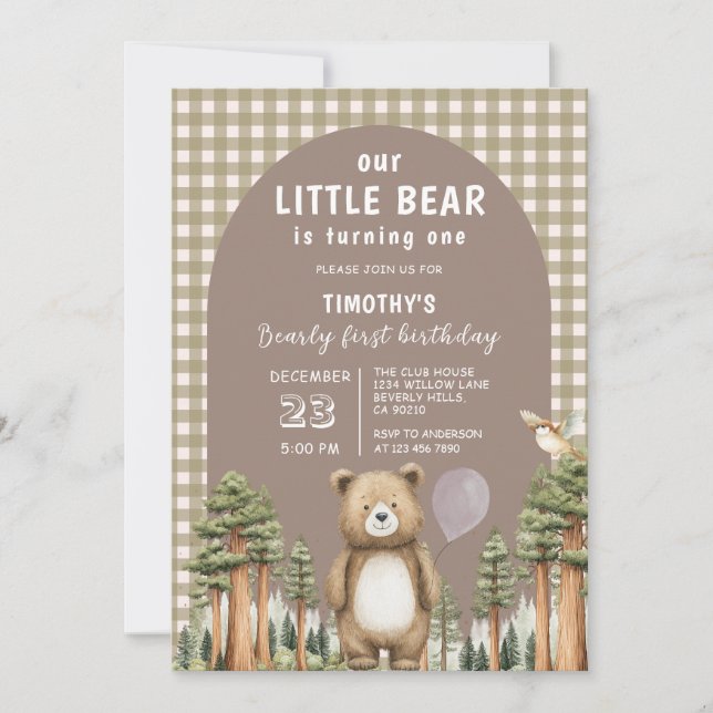 Unser kleiner Bär wird eins Wald Gingham Einladung (Vorderseite)