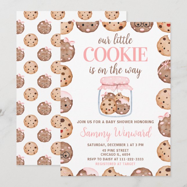 Unser kleiner Cookie Pink Babyshower Einladung (Vorne/Hinten)