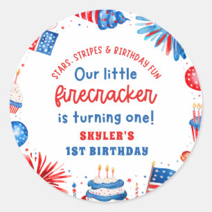 Unser kleiner Firecracker 4. Juli 1. Geburtstag Runder Aufkleber