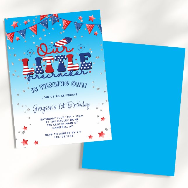 Unser kleiner Firecracker Boy Blue 1. Geburtstag Einladung (Von Creator hochgeladen)