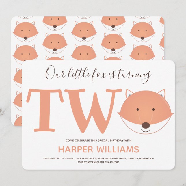 Unser kleiner Fuchs dreht zwei zweite Kindergeburt Einladung (Vorne/Hinten)