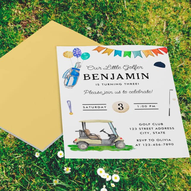 Unser kleiner Golfer Yellow Kids Golf Geburtstag Flyer (Front and Back)