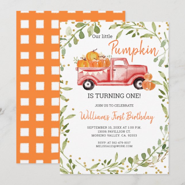 Unser kleiner Kürbis dreht sich um eins Einladung (Vorne/Hinten)