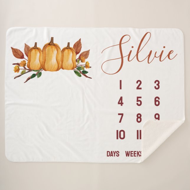 Unser kleiner Kürbis, floraler Baby-Meilenstein Sherpadecke (Vorderseite (Horizontal))
