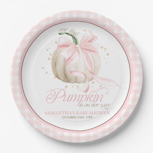 Unser kleiner Kürbis Rosa Gingham Personalisiert Pappteller (Vorderseite)