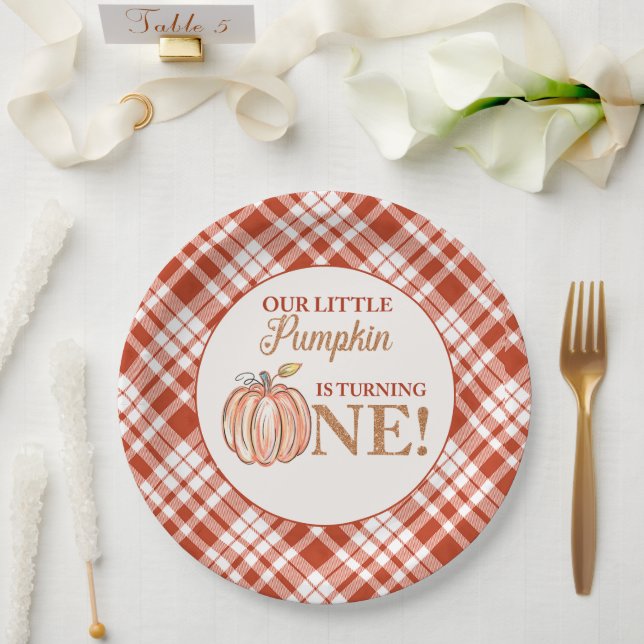 Unser kleiner Kürbisblumenrot kariert 1. Geburtsta Pappteller (Hochzeit)