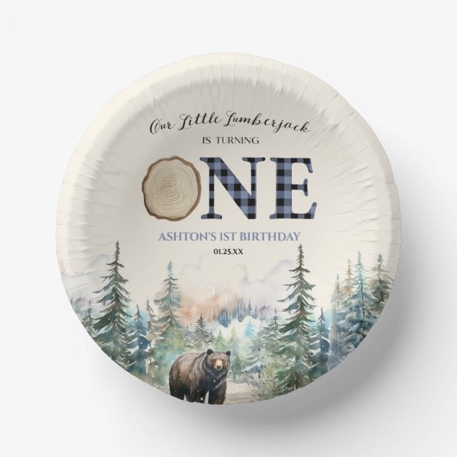 Unser kleiner Lumberjack Bär Blue 1. Geburtstag Pa Pappteller (Vorderseite)