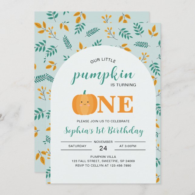 Unser kleiner Pumpkin 1. Geburtstag Einladung (Vorne/Hinten)