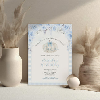 Unser kleiner Pumpkin Blue Gingham White 1. Geburt Einladung