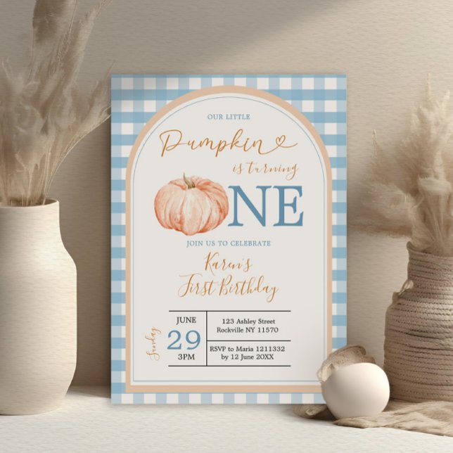 Unser kleiner Pumpkin Boho Blue Gingham 1. Geburts Einladung (Von Creator hochgeladen)