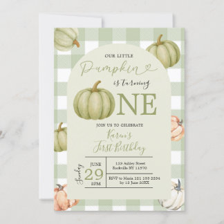 Unser kleiner Pumpkin-Käfig Gingham 1. Geburtstag Einladung