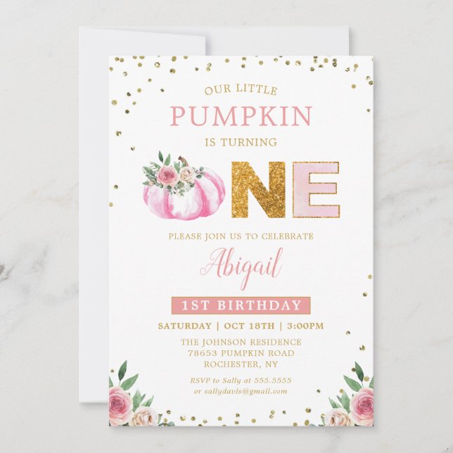 Unser kleiner Pumpkin Pink Gold Floral erster Gebu Einladung (Vorderseite)