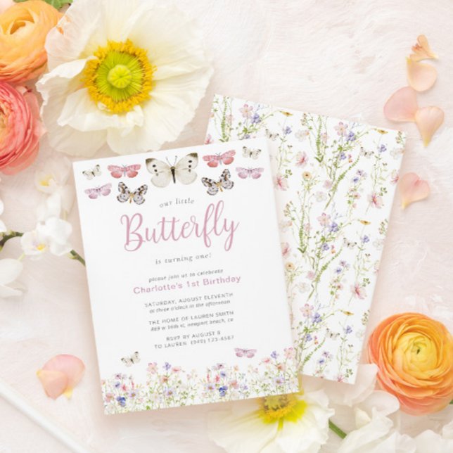 Unser kleiner Schmetterling 1. Geburtstag Pink Was Einladung (Easily personalize this sweet wildflower butterfly baby's first birthday invite with your details)