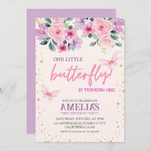 Unser kleiner Schmetterling lila Blüte 1. Geburtst Einladung